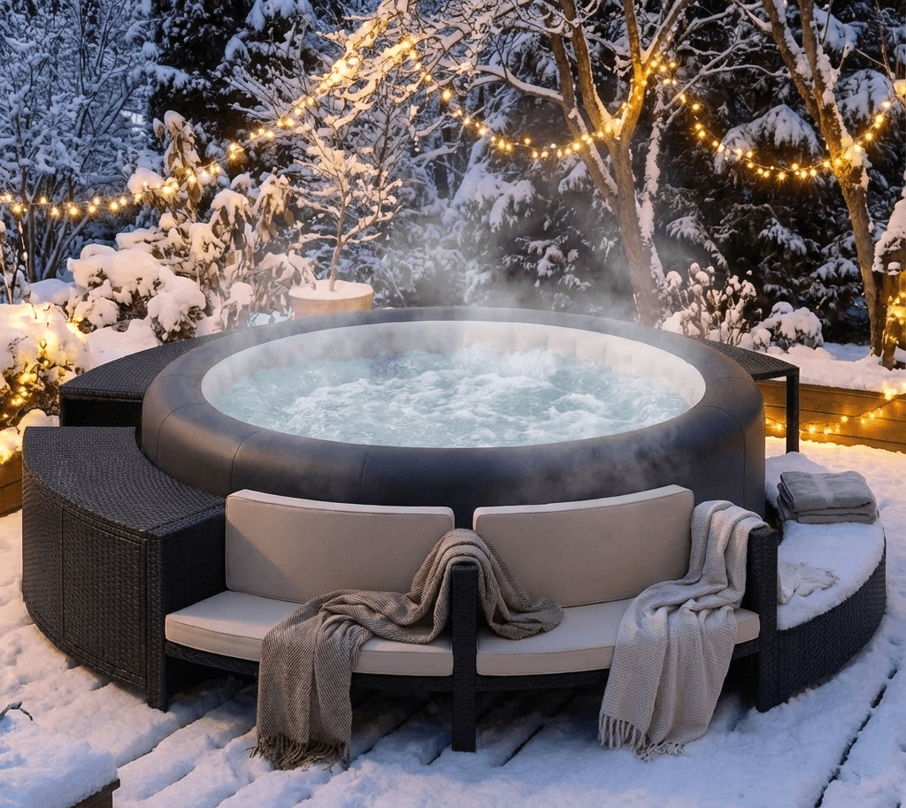 Hot tub in winter snow at night
